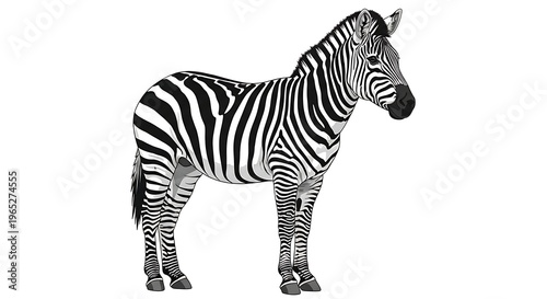 A black and white illustration of a zebra standing on a plain background looking to the right