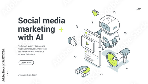 Social media marketing with AI isometric banner template. Vector illustration for a landing page about SMM and digital promotion. Modern technology concept for automated customer engagement