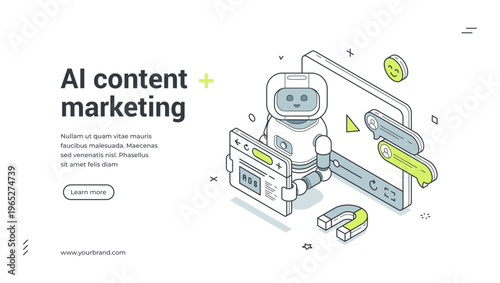 AI content marketing isometric banner template. Vector illustration for landing page on SMM, digital ads. Modern technology concept for automated online promotion and customer engagement