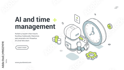 AI and time management isometric banner template. Vector illustration for a landing page on business productivity and workflow automation. Modern technology concept for effective work scheduling
