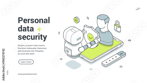Personal data security isometric banner template. Vector illustration for a landing page on cybersecurity. Modern AI technology concept for online safety and user account protection