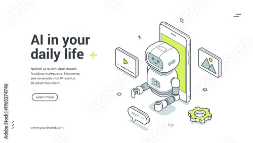 AI in your daily life isometric banner template. Vector illustration for a landing page on mobile applications and artificial intelligence. Modern chatbot technology concept for virtual assistants