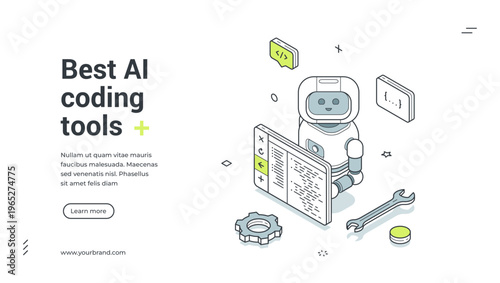 Best AI coding tools isometric banner template. Vector illustration for a landing page on software development. Modern technology concept for programming and automated code generation