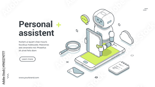 Personal assistant isometric banner template. Vector illustration for a landing page on AI chatbot technology. Modern concept for mobile support service and smart digital assistance