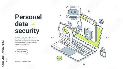 Personal data security isometric banner template. Vector illustration for a landing page on cybersecurity and AI. Modern concept for online privacy, digital protection and user authentication