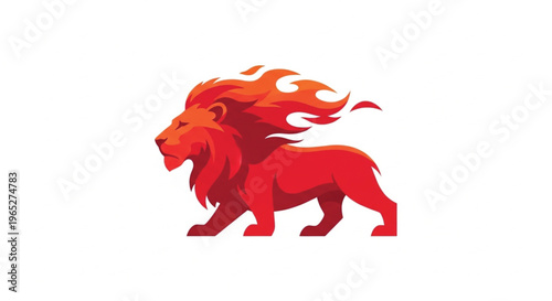 A dynamic vector illustration of a powerful walking lion depicted in vibrant red and orange colors. The lion's majestic mane is stylized to look like blazing fire, conveying energy, passion.