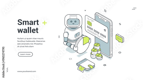 Smart wallet isometric banner template. Vector illustration for a landing page on fintech and AI. Modern concept for mobile banking, digital payment and budget management