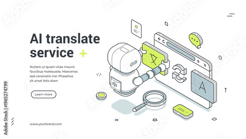 AI translate service isometric banner. Vector template for a landing page on machine translation and language technology. Modern illustration for online dictionary and global communication