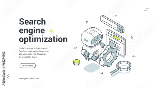 Search engine optimization isometric banner. Vector illustration for a web landing page template. Digital marketing strategy with robot, gear, and analytics for business promotion and seo concept