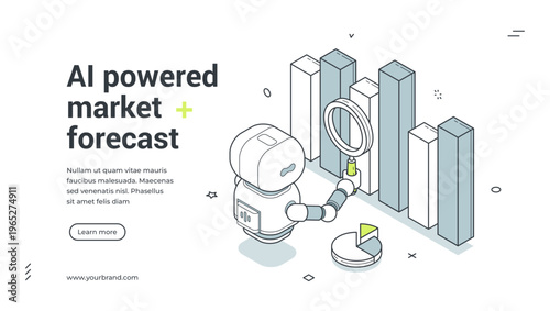 AI powered market forecast isometric banner. Vector illustration for a web landing page template. Business analytics with robot and chart for financial strategy and data research