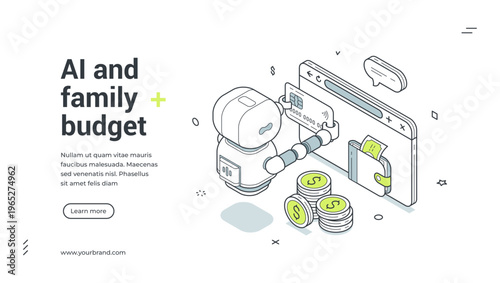 AI and family budget isometric banner. Vector illustration for a web landing page template. Financial planning service with robot managing online payments and money savings