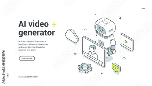 AI video generator isometric banner. Vector illustration for a web landing page template. Robot assistant creating media content for social networks and marketing automation