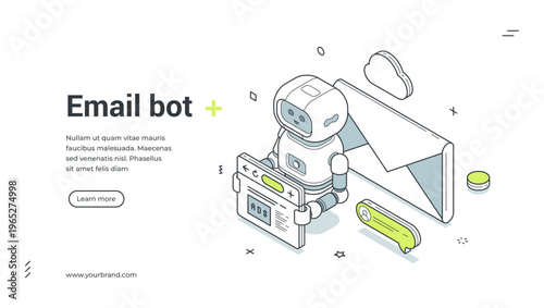 Email bot isometric banner. Vector illustration for a web landing page template. Digital marketing automation with robot sending messages for business communication and ads
