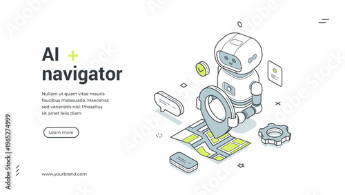 AI navigator isometric banner. Vector illustration for a web landing page template. GPS navigation service with robot assistant for route planning and location tracking