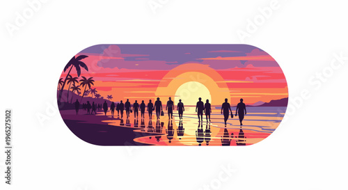 Silhouetted people walk along a beach during a vibrant sunset with palm trees