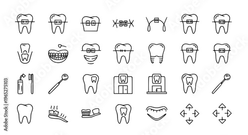Minimal tooth braces outline icon set with orthodontic treatment and dental care symbols