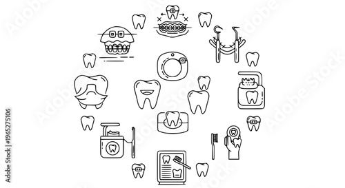 Modern tooth braces and orthodontic outline icons collection with dental alignment symbols