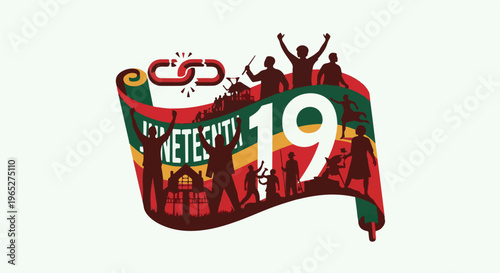 Silhouettes celebrate Juneteenth on a flowing banner with the number 19