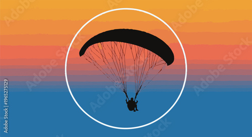 Silhouette of a paraglider suspended against a vibrant sunset gradient sky