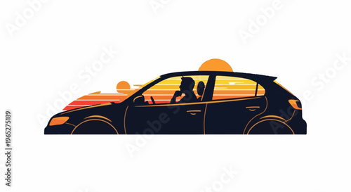 Silhouette of a person driving a car against a retro sunset background