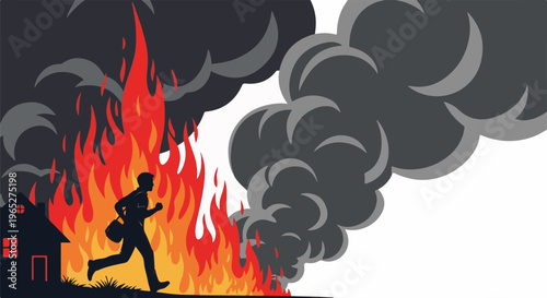 Silhouette of a person fleeing a burning house engulfed in flames and smoke