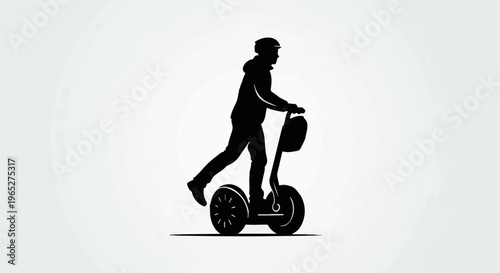 Silhouette of a person in a helmet riding a two-wheeled self-balancing personal transporter