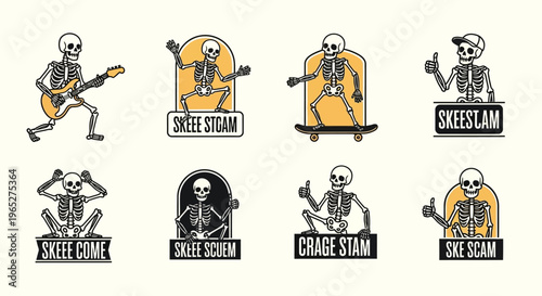 Collection of Skeleton Illustrations with Various Activities.