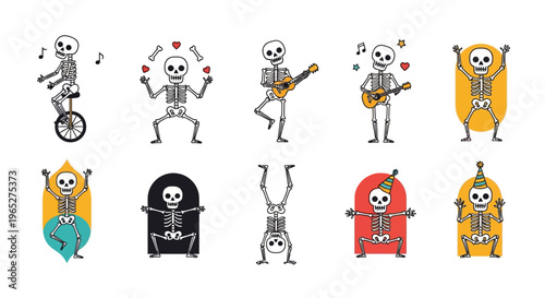 Collection of playful skeletons engaged in various activities.