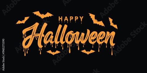 Happy halloween wishes with spooky bats and glowing orange letters on black background for festive season greetings