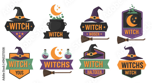 Collection of Halloween Witch Themed Badges and Emblems.