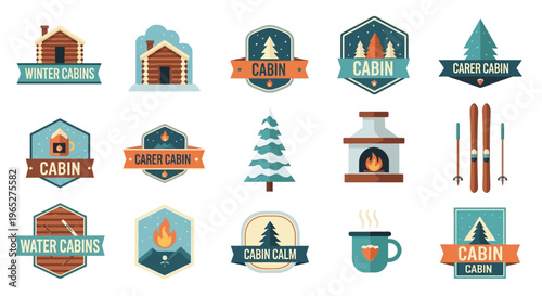 Collection of Winter Cabin and Outdoor Activity Icons.