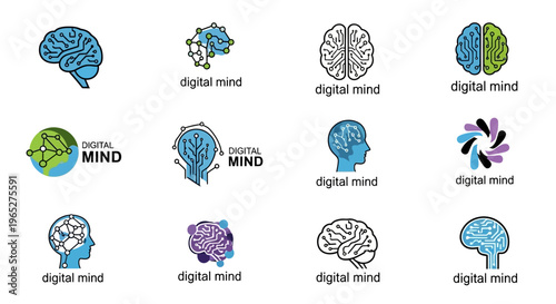 Collection of Digital Brain and Mind Icons for Technology and Innovation.