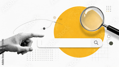 Magnifying glass search bar hand finger point circle discovery focused curious. Digital technology research concept for internet marketing analysis with yellow graphic element on white background
