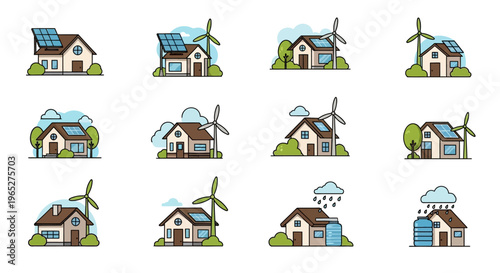 Eco-friendly houses with renewable energy sources illustration set.