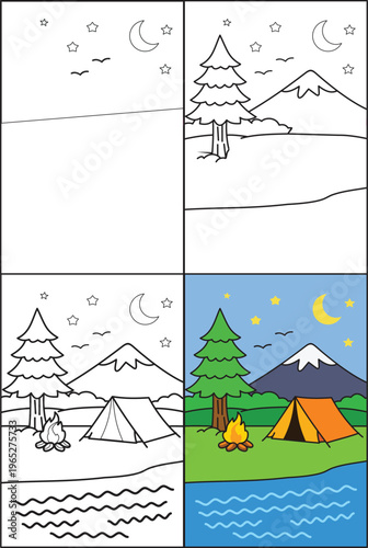 Step-by-Step Camping Scene Drawing Tutorial for Kids – From Simple Sketch to Colorful Nature Landscape
