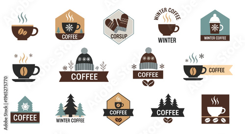 Collection of Winter Coffee Shop Logos and Icons.