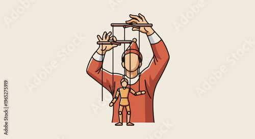 Puppeteer controls a wooden figure with strings