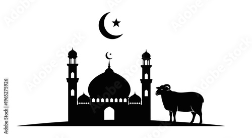 Eid ul Adha eid Eid al-Adha, mosque, crescent moon, sheep silhouette, Islamic festival isolated on White Background vector