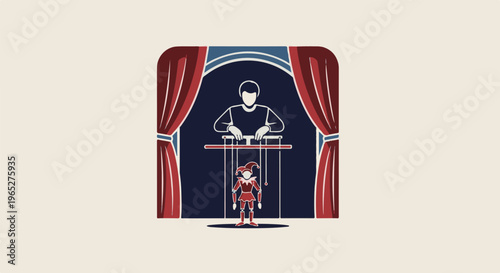 Puppeteer controls a jester puppet on stage behind red curtains