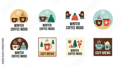 Collection of Winter Coffee Mood and Cozy Brews Logos.