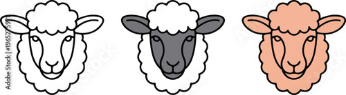 Set of minimalist sheep and ram icons in outline silhouette and colorful blue flat vector livestock animal styles.