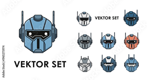 Collection of Futuristic Robot Head Vector Illustrations.