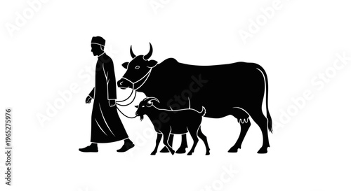 Eid ul Adha Black silhouette, cow and calf, herder, livestock, farm animals, vector icons isolated on White Background vector