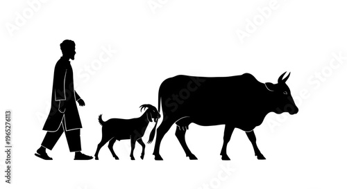 Eid ul Adha eid Farm animal icons, livestock silhouettes, cow and goat vector, farmer illustration isolated on White Background vector