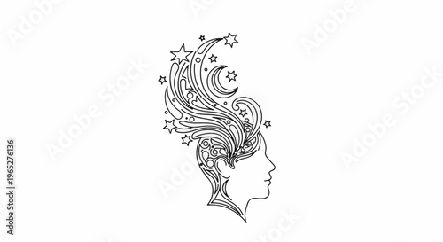 Profile head with swirling cosmic hair, stars, and crescent moon