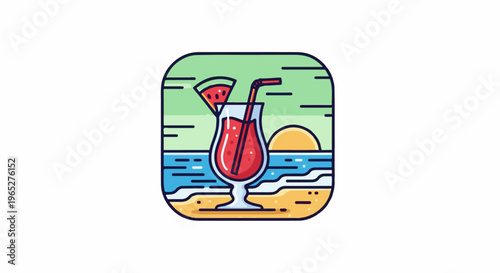 Refreshing red drink with watermelon on a beach at sunset