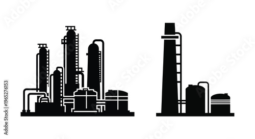 Black and white illustration depicting an industrial complex with towers and tanks