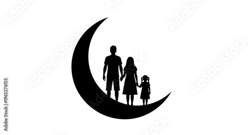 Eid ul Adha eid Family Silhouette, Moon Icon, Black Family Symbol, Vector Graphic isolated on White Background vector