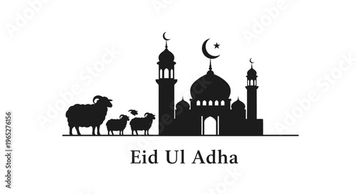 Eid ul Adha eid Eid Ul Adha, Islamic holiday, mosque, sheep, crescent moon, black silhouette, vector icon isolated on White Background vector