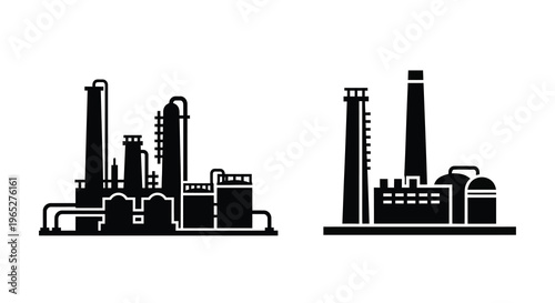 Industrial facilities two black silhouette icons of factories with smokestacks